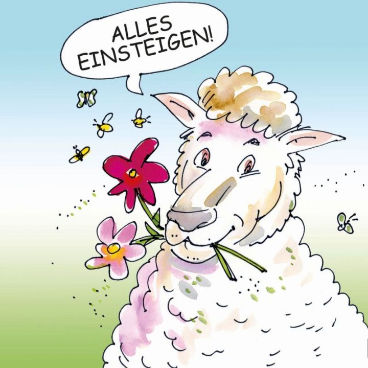 Auf einer Illustration ist ein Schaf zu sehen, das auf Wildblumen herumkaut und in einer Sprechblase sagt "Alles einsteigen"