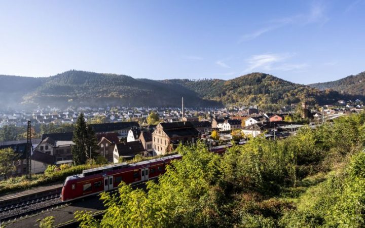 Das Foto zeigt den Blick auf die Stadt Lambrecht mit einer S-Bahn im Vordergrund und dem Pfälzerwald im Hintergrund