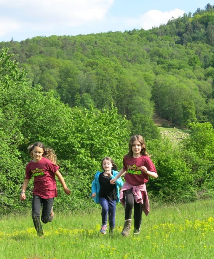 Drei Mädchen einer Junior Ranger-Gruppe rennen über eine Wiese im Pfälzerwald