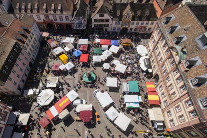 Das Bild zeigt den Biosphären-Bauernmarkt von oben.