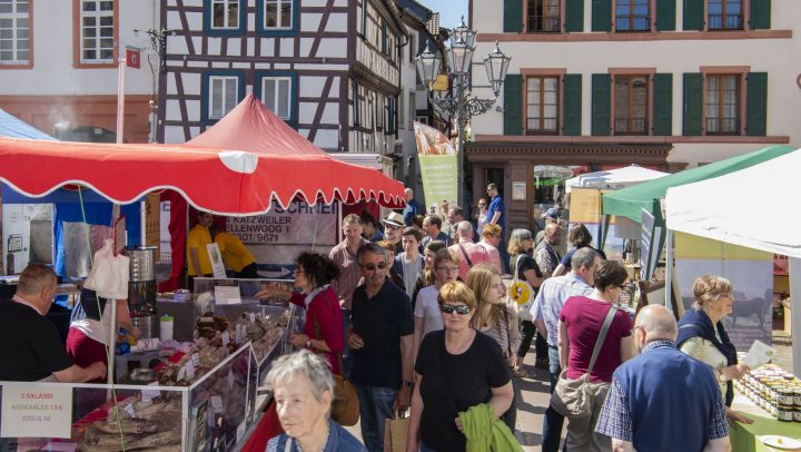 Das Bild zeigt den Biosphähren-Bauernmarkt mit Besuchern und Marktständen.