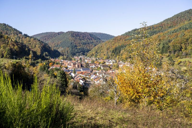 Das Bild zeigt eine Ortschaft die in einem Tal liegt. Der Ort ist umgeben von Natur.