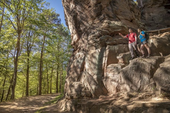 Das Bild zeigt einen Wanderweg, der von lichtem Laubwald und einem Felsen gesäumt ist. Ein Wanderer und eine Wanderin stehen auf dem Absatz des Felsens.