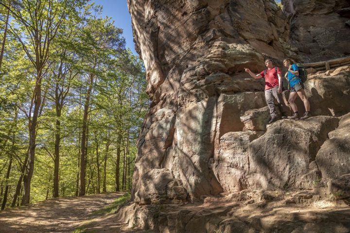 Das Bild zeigt einen Wanderweg, der von lichtem Laubwald und einem Felsen gesäumt ist. Ein Wanderer und eine Wanderin stehen auf dem Absatz des Felsens.