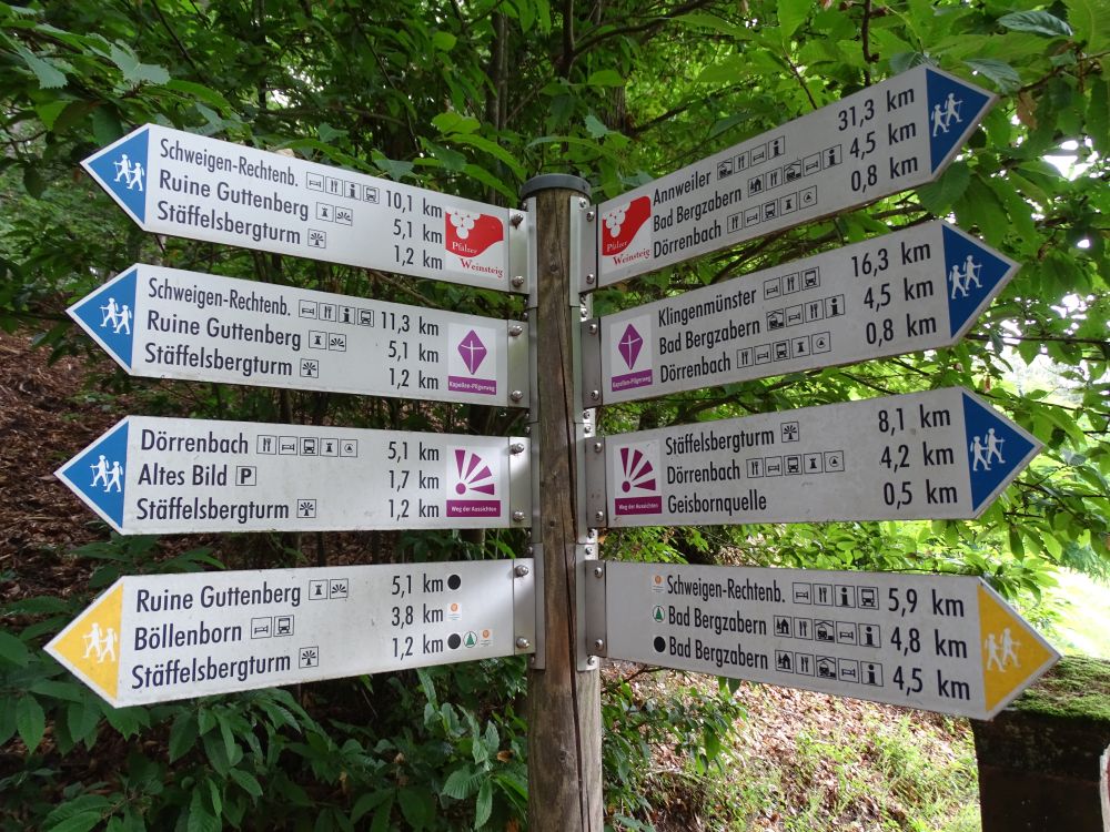 Das Bild zeigt mehrere Schilder, die an einem Pfosten befestigt sind und Wanderwege im Pfälzerwald aus weisen